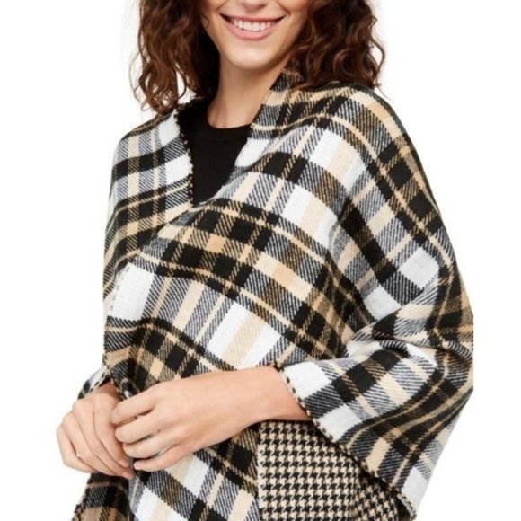 CHARTER CLUB Reversible Houndstooth to Plaid Wrap Black/White/Camel NWOT - Picture 1 of 3